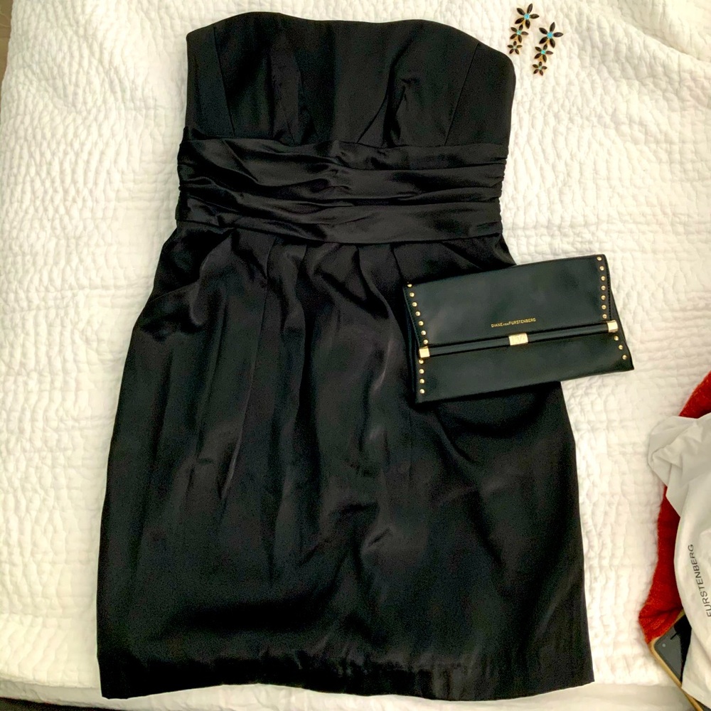Black satin strapless mini dress David’s Bridal